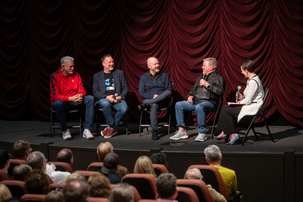 Alexandre O. Philippe and William Shatner onstage during their 2024 visit with representatives from Legion M and IU Cinema Director of Events and Engagement Jessica Davis Tagg.